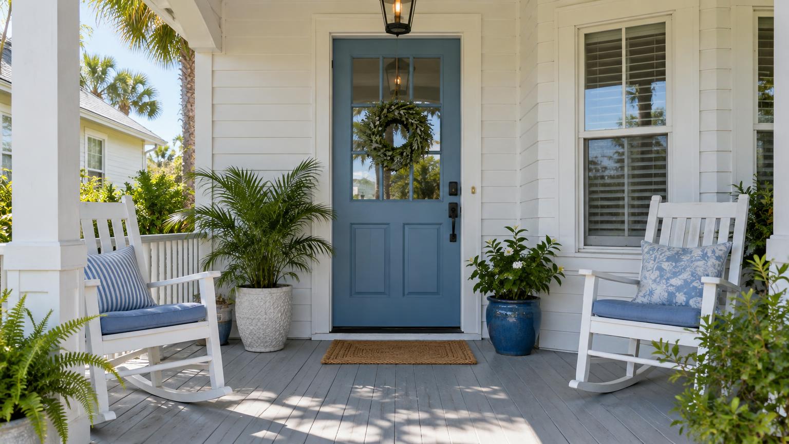 Soft daylight falls on a Florida porch with a blue door, white chairs and potted plants.