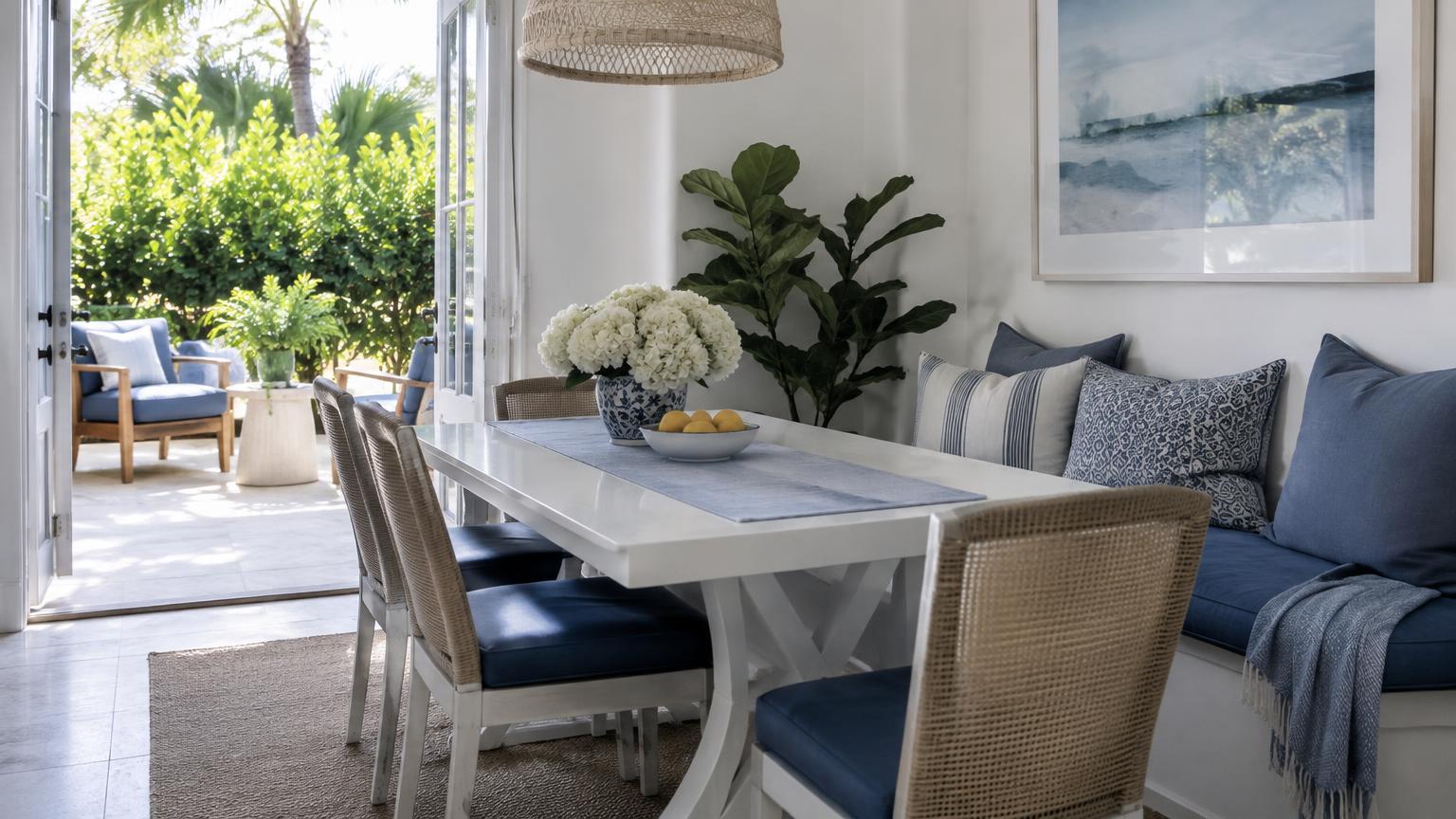 Soft daylight fills a white Florida dining nook with blue cushions and an open doorway to a leafy patio.