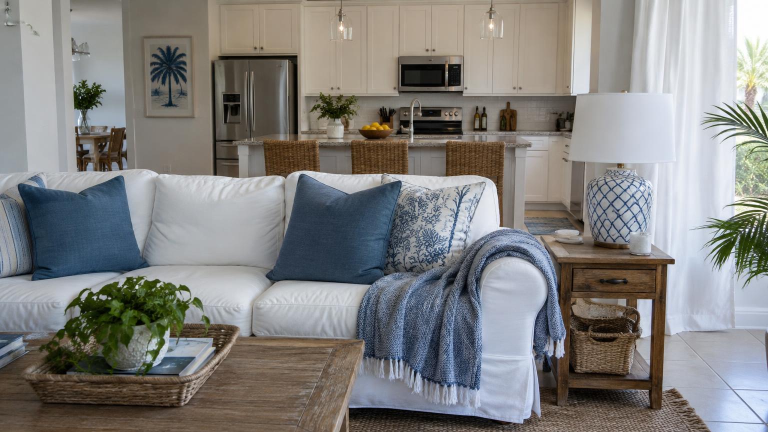 Soft daylight fills a Florida living room with a white sofa, blue cushions and an adjoining kitchen.