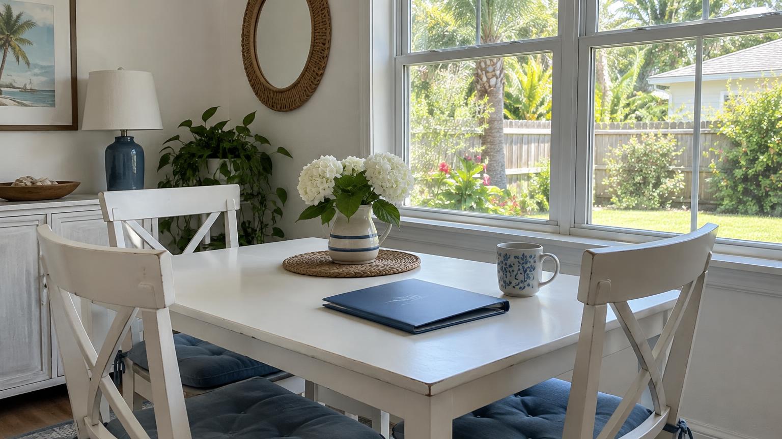 Soft daylight falls across a white table with a blue folder in a Florida home's dining nook.