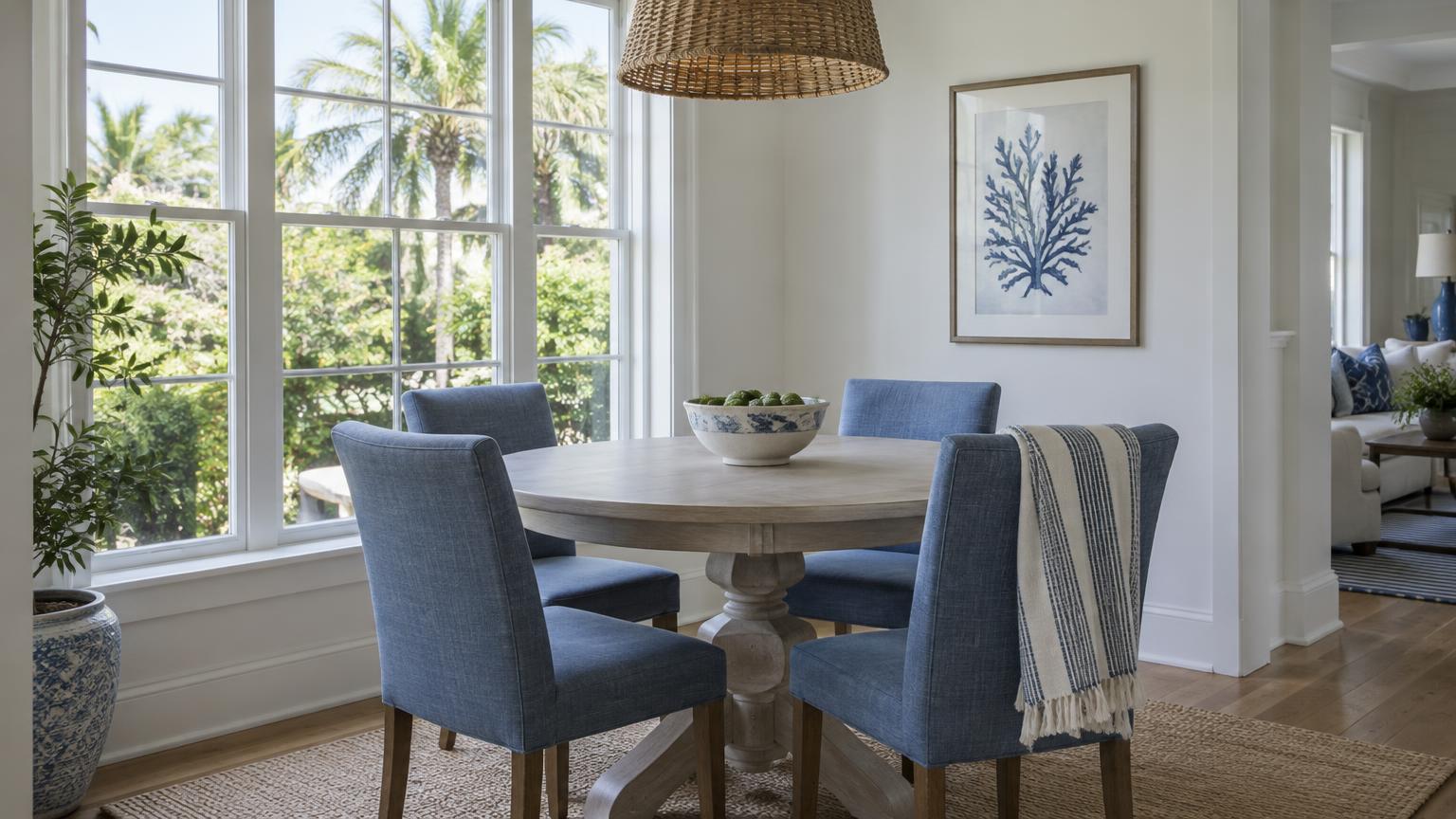 Soft daylight fills a Florida dining nook with white walls, blue chairs and greenery outside the window.