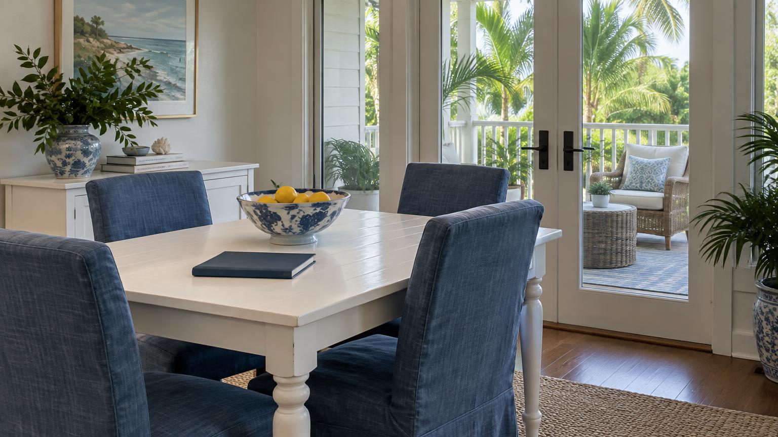 Soft daylight fills a Florida dining nook with blue chairs, a white table and a view of a small porch.
