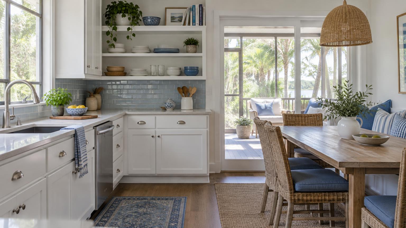 Soft daylight fills a Florida kitchen with white cabinets, blue dining cushions and a view of a screened porch.