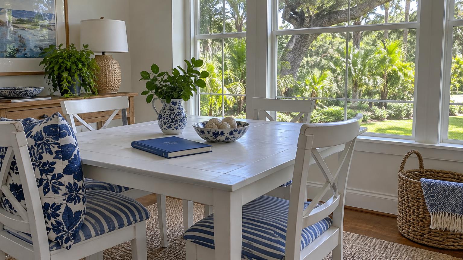 Soft daylight falls across a white dining table and blue-and-white chairs beside windows overlooking a leafy Florida yard.