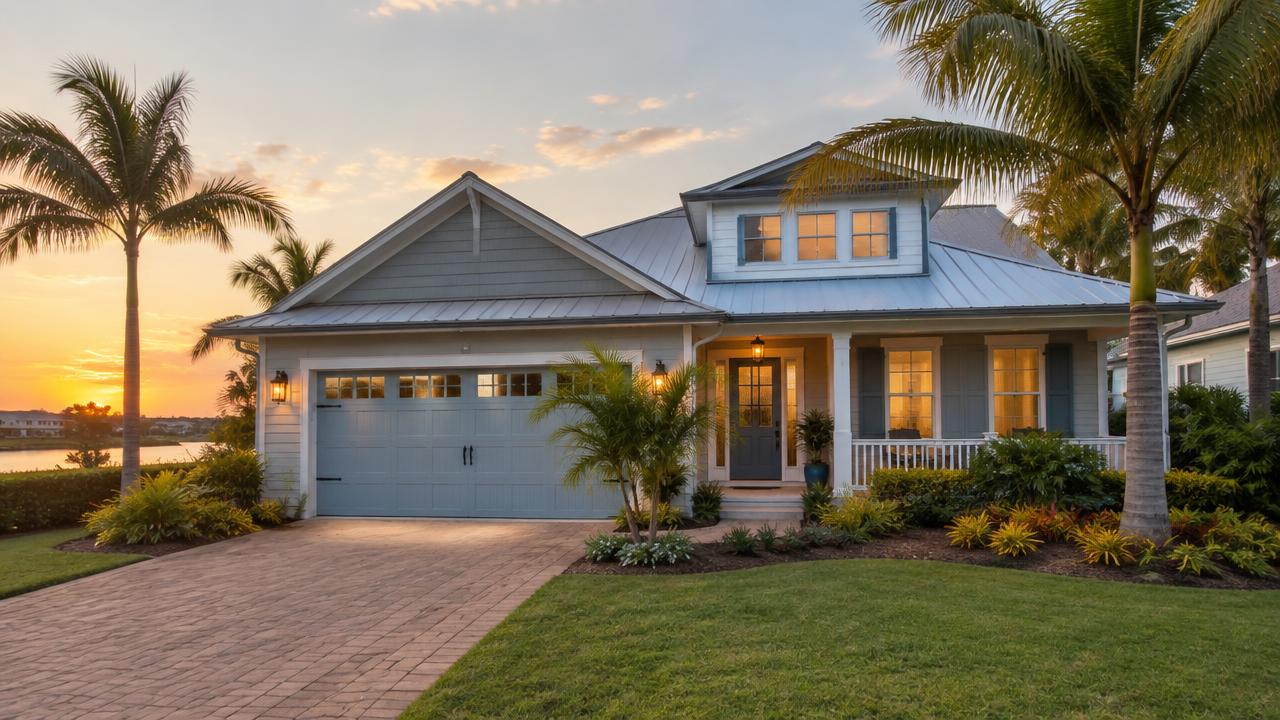 A welcoming Florida vacation home with a light blue exterior at sunset.