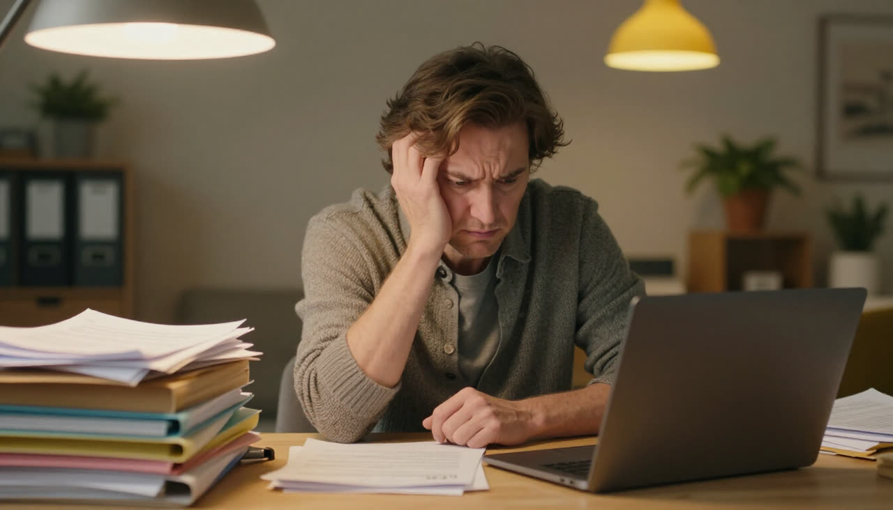 A stressed short term rental owner managing bookings on a laptop.
